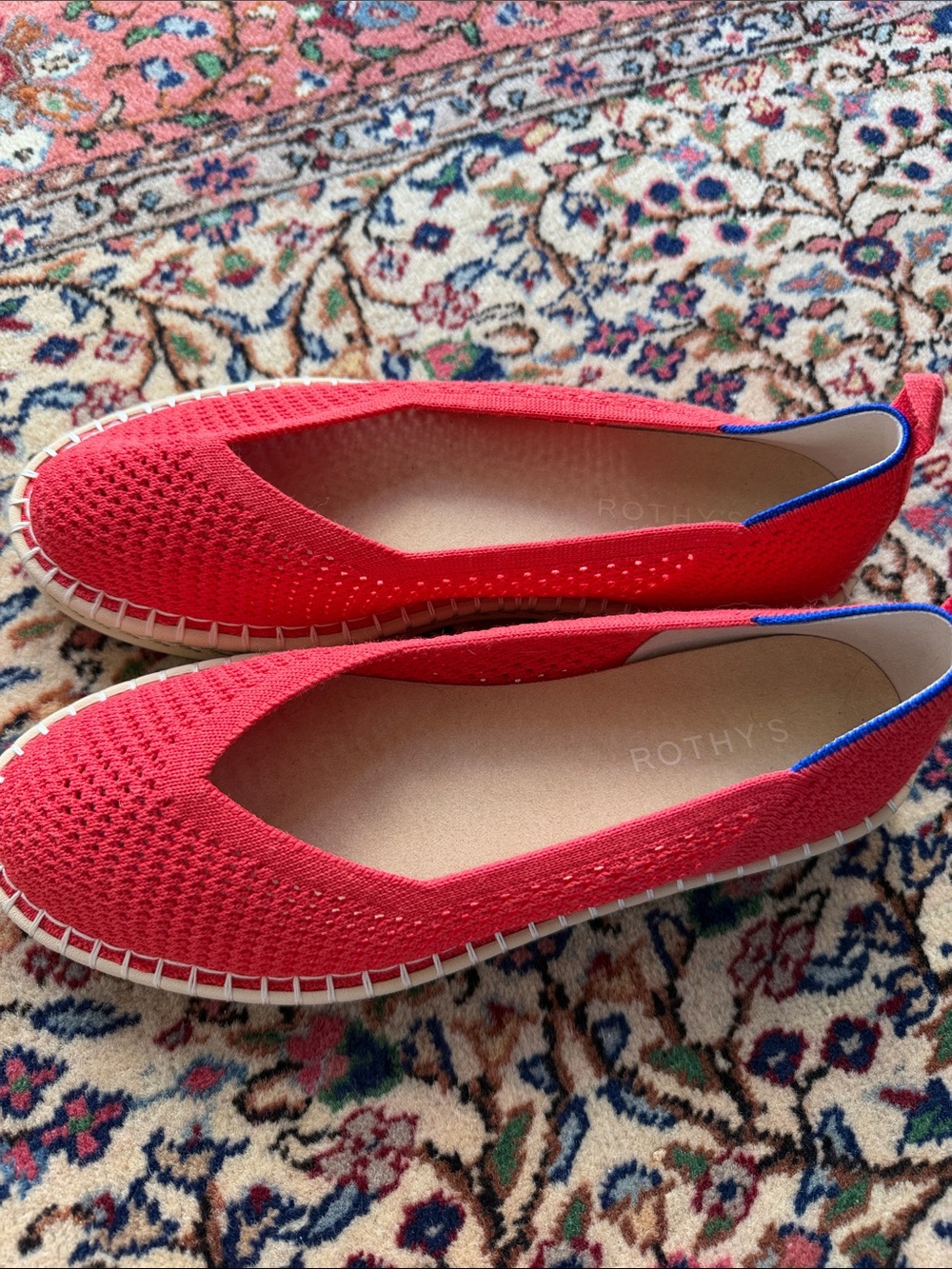 Rothy's Red Knit Slip-On Flats with Blue Trim Espadrille flats NWOT